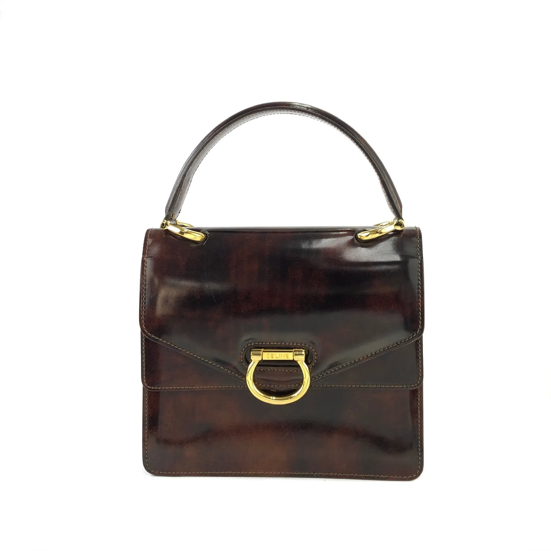 CELINE Gancini Double flap Tortoiseshell patent leather Handbag Brown Vintage OldCELINE pb5ea5