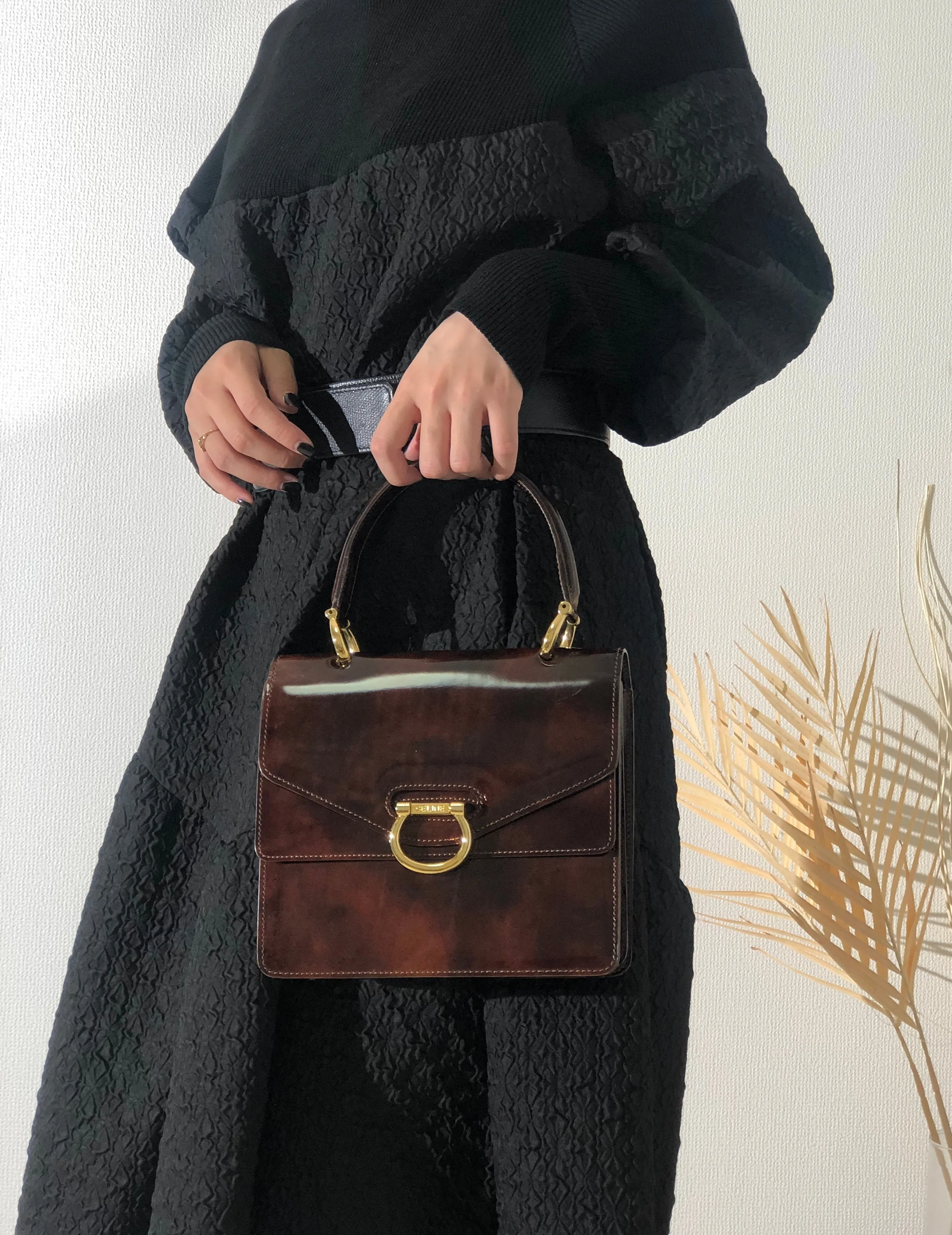CELINE Gancini Double flap Tortoiseshell patent leather Handbag Brown Vintage OldCELINE pb5ea5