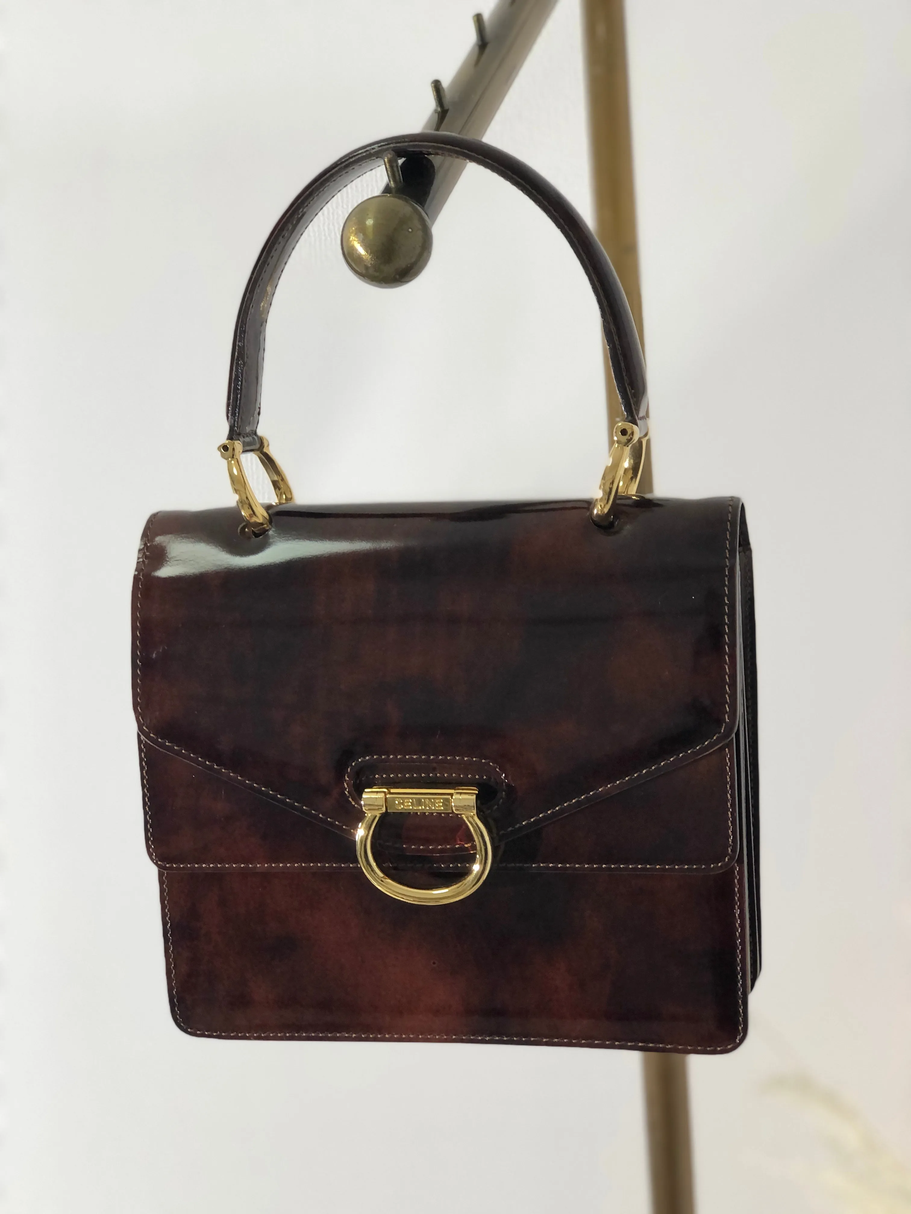 CELINE Gancini Double flap Tortoiseshell patent leather Handbag Brown Vintage OldCELINE pb5ea5