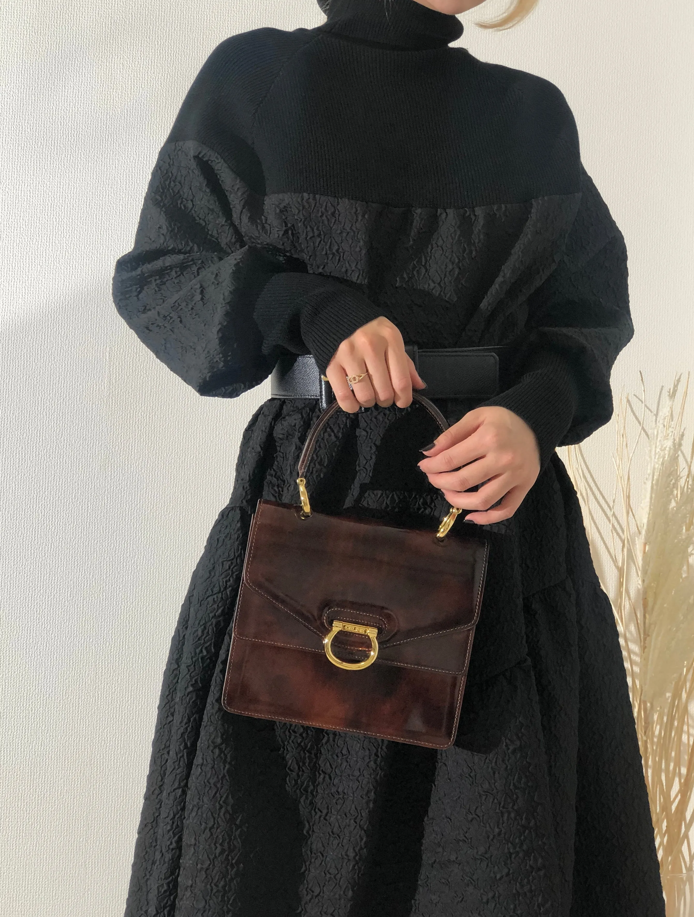 CELINE Gancini Double flap Tortoiseshell patent leather Handbag Brown Vintage OldCELINE pb5ea5