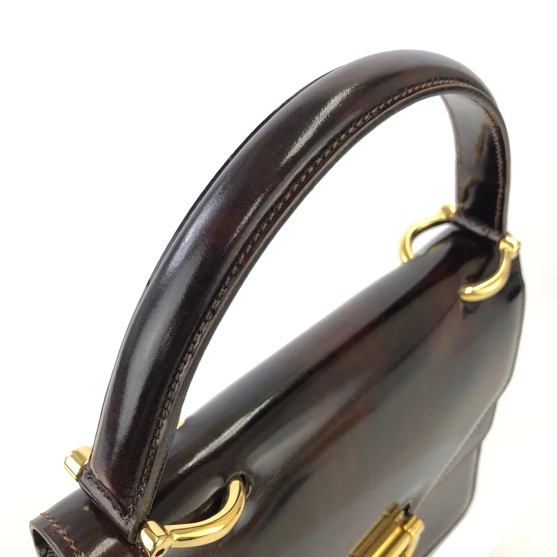 CELINE Gancini Double flap Tortoiseshell patent leather Handbag Brown Vintage OldCELINE pb5ea5