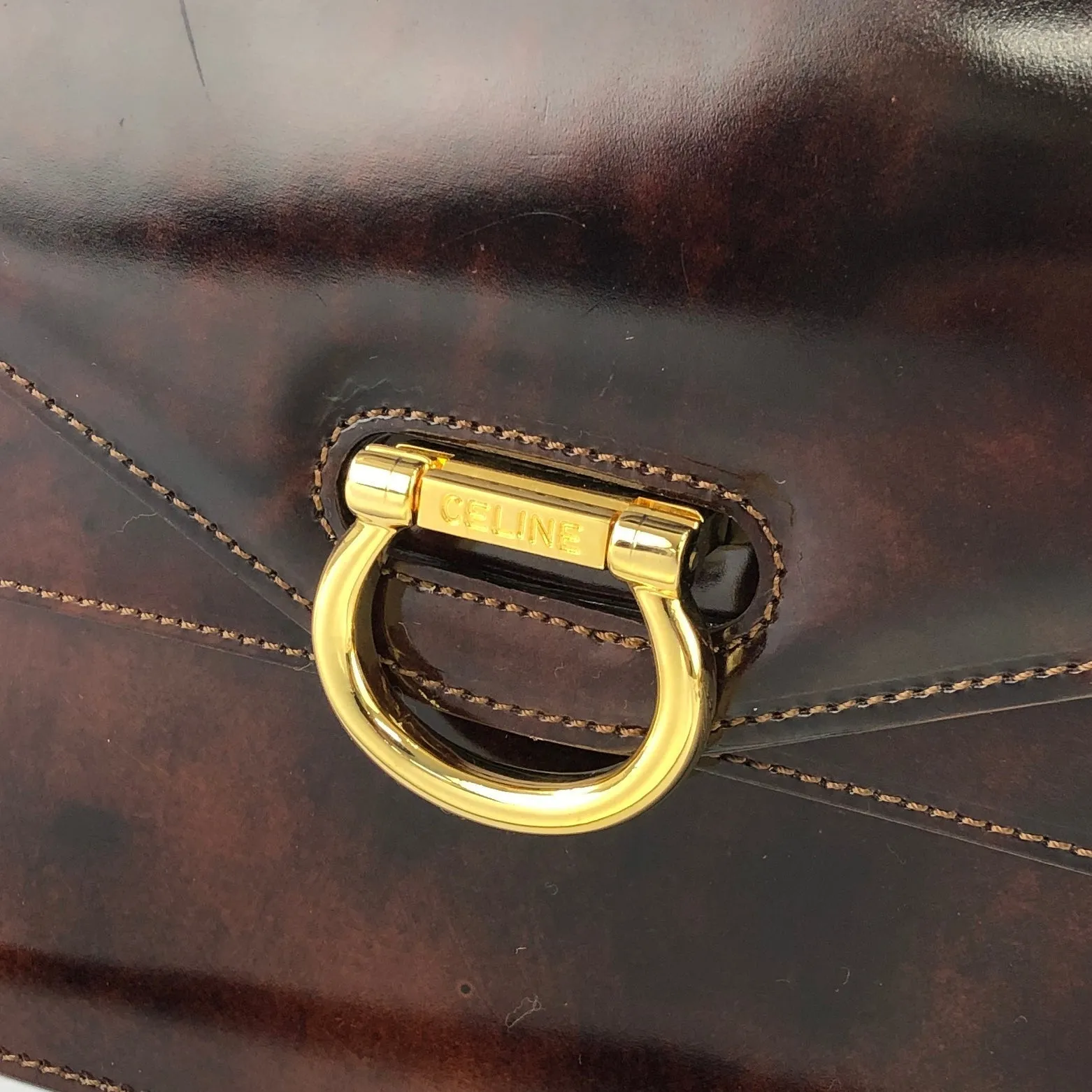 CELINE Gancini Double flap Tortoiseshell patent leather Handbag Brown Vintage OldCELINE pb5ea5
