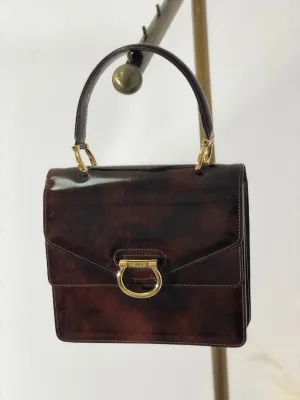 CELINE Gancini Double flap Tortoiseshell patent leather Handbag Brown Vintage OldCELINE pb5ea5