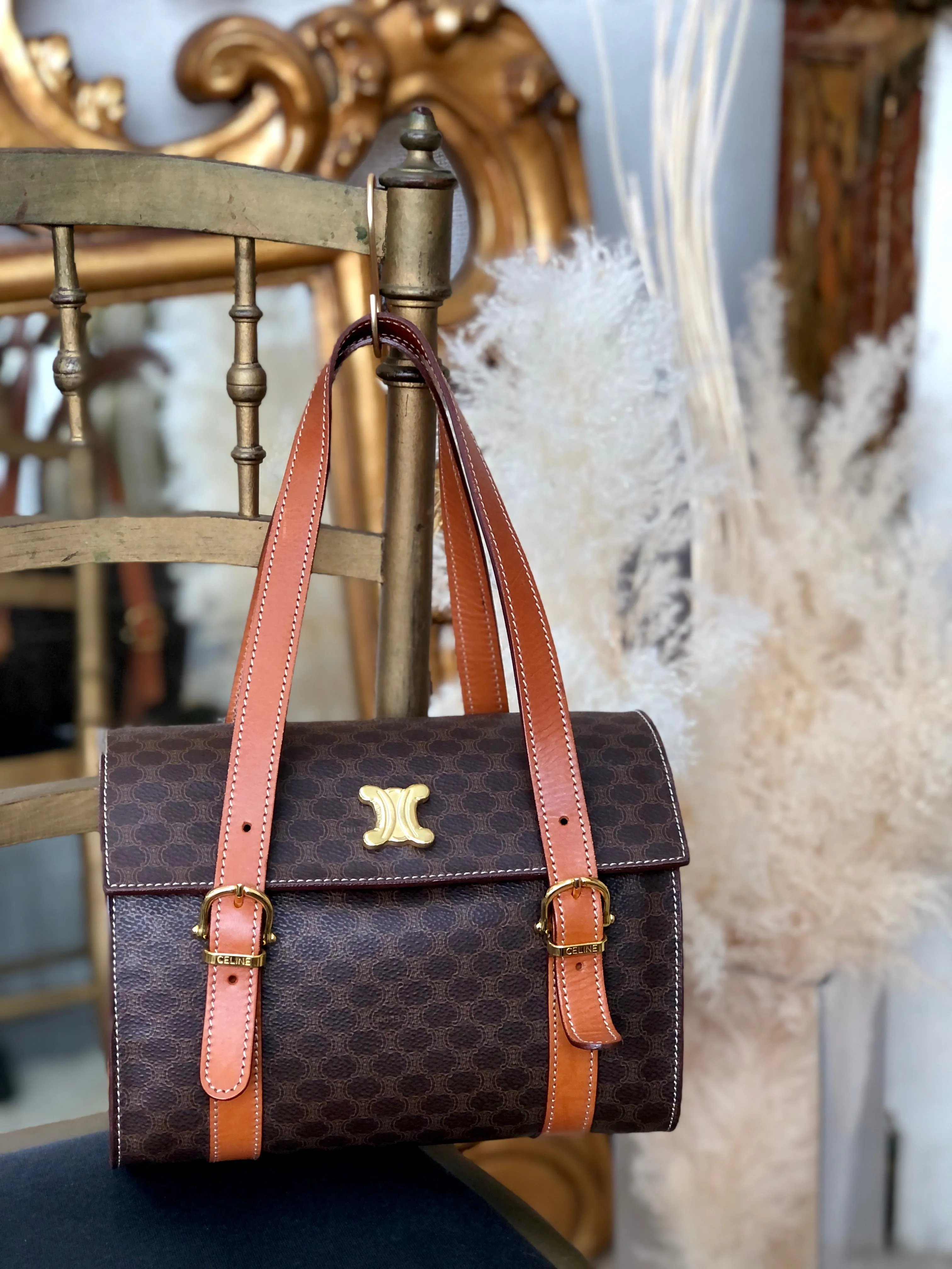 CELINE Macadam Blason Triomphe Box Handbag Brown Vintage Old CELINE axjbki