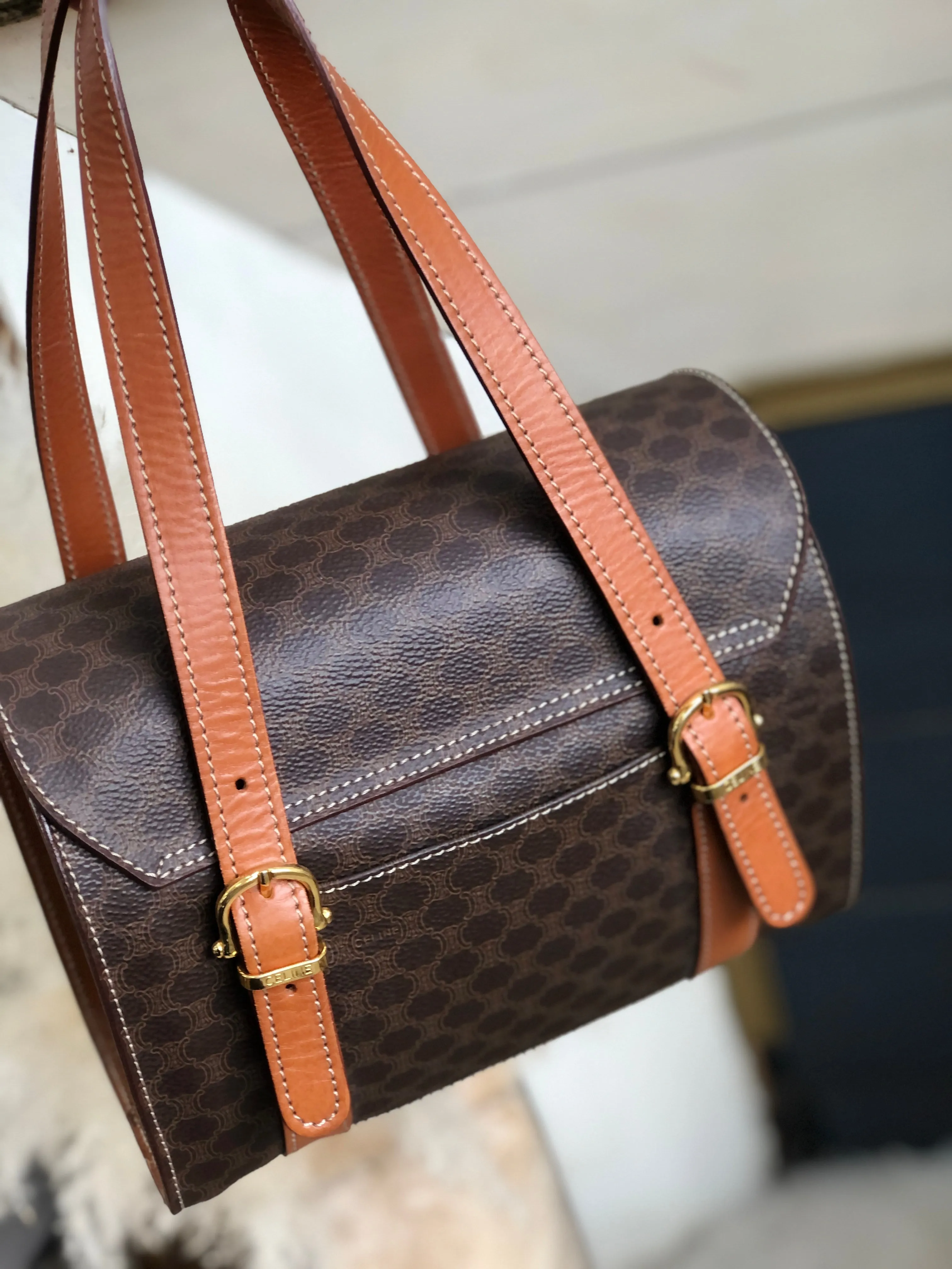 CELINE Macadam Blason Triomphe Box Handbag Brown Vintage Old CELINE axjbki