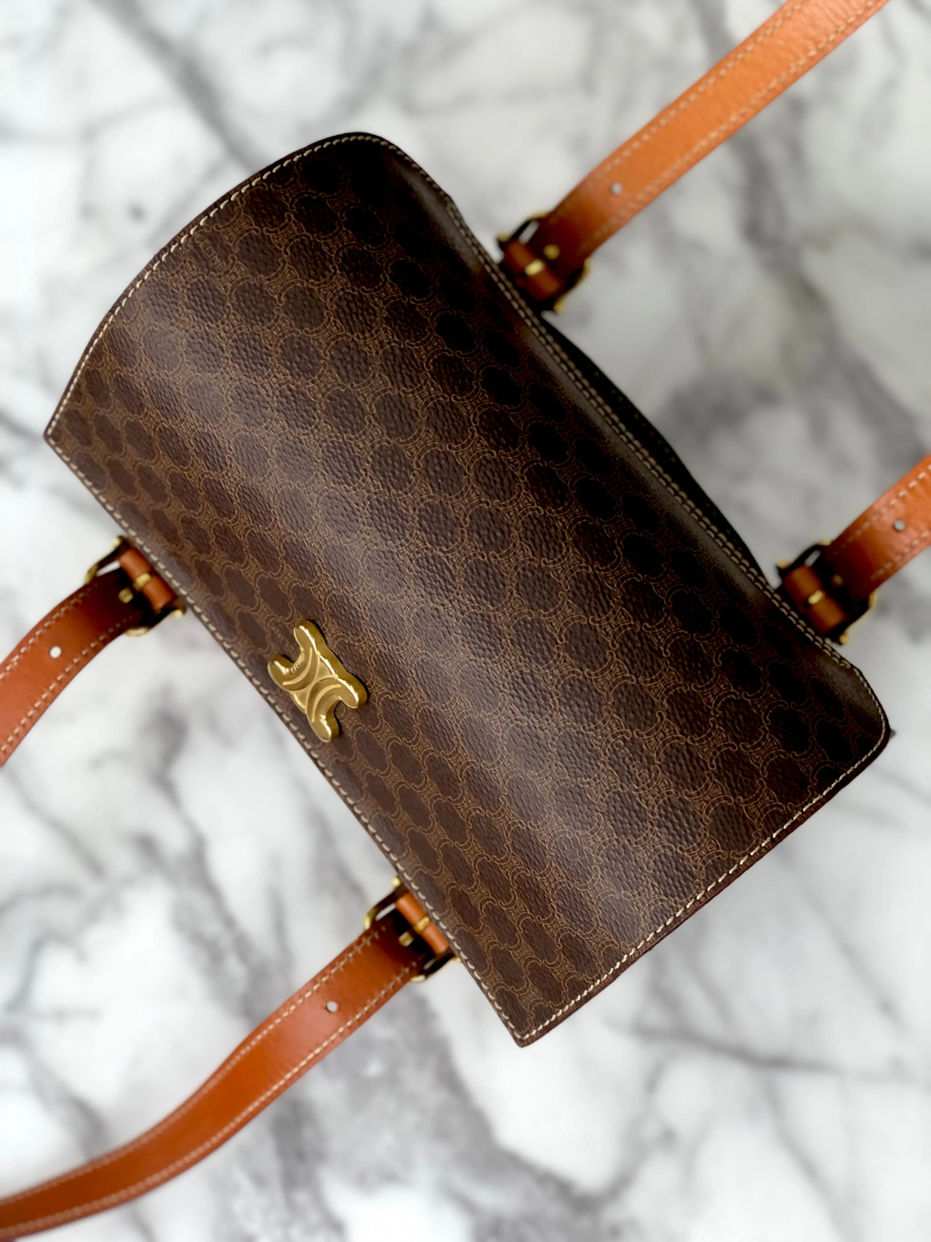 CELINE Macadam Blason Triomphe Box Handbag Brown Vintage Old CELINE axjbki