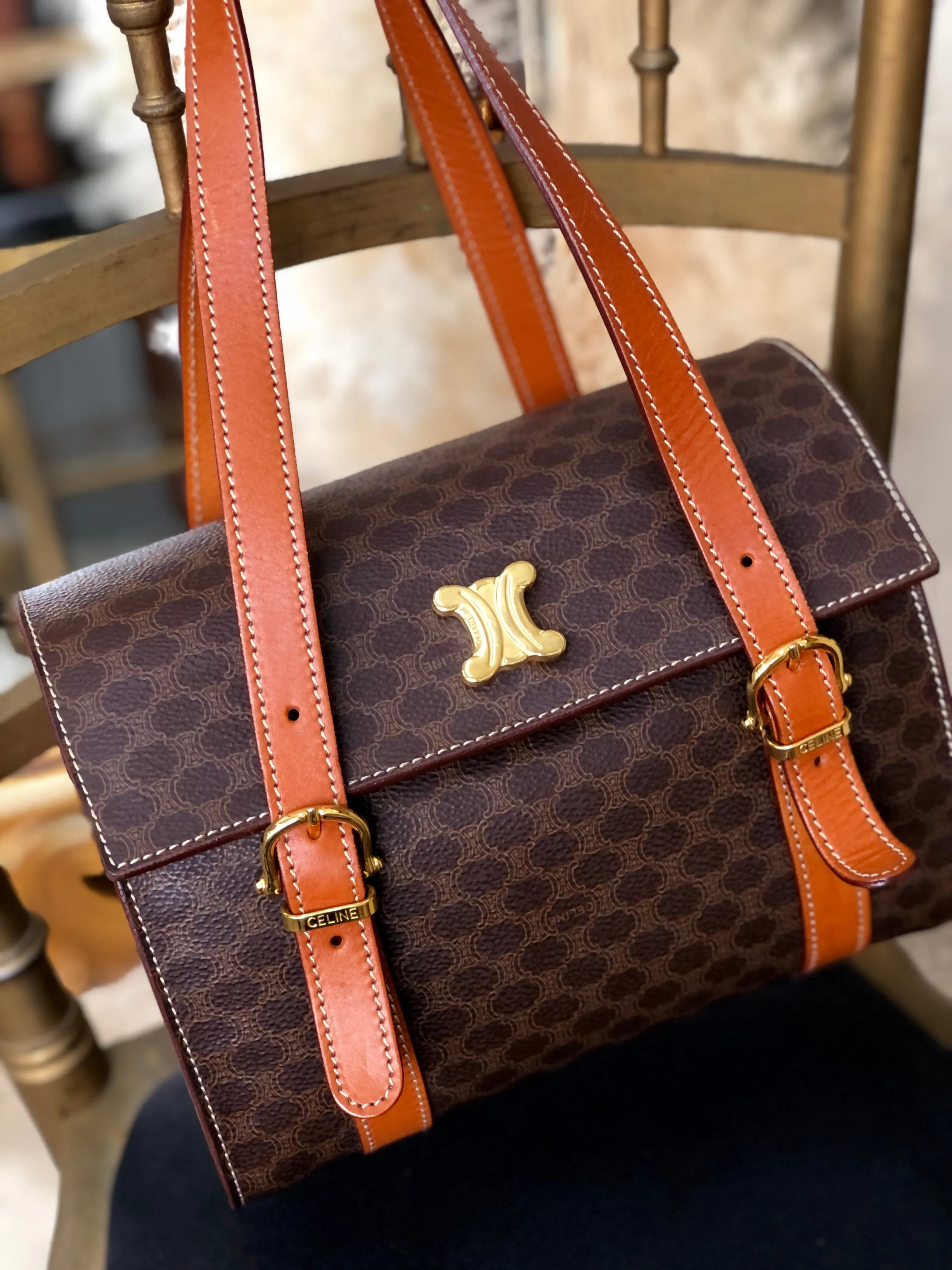CELINE Macadam Blason Triomphe Box Handbag Brown Vintage Old CELINE axjbki