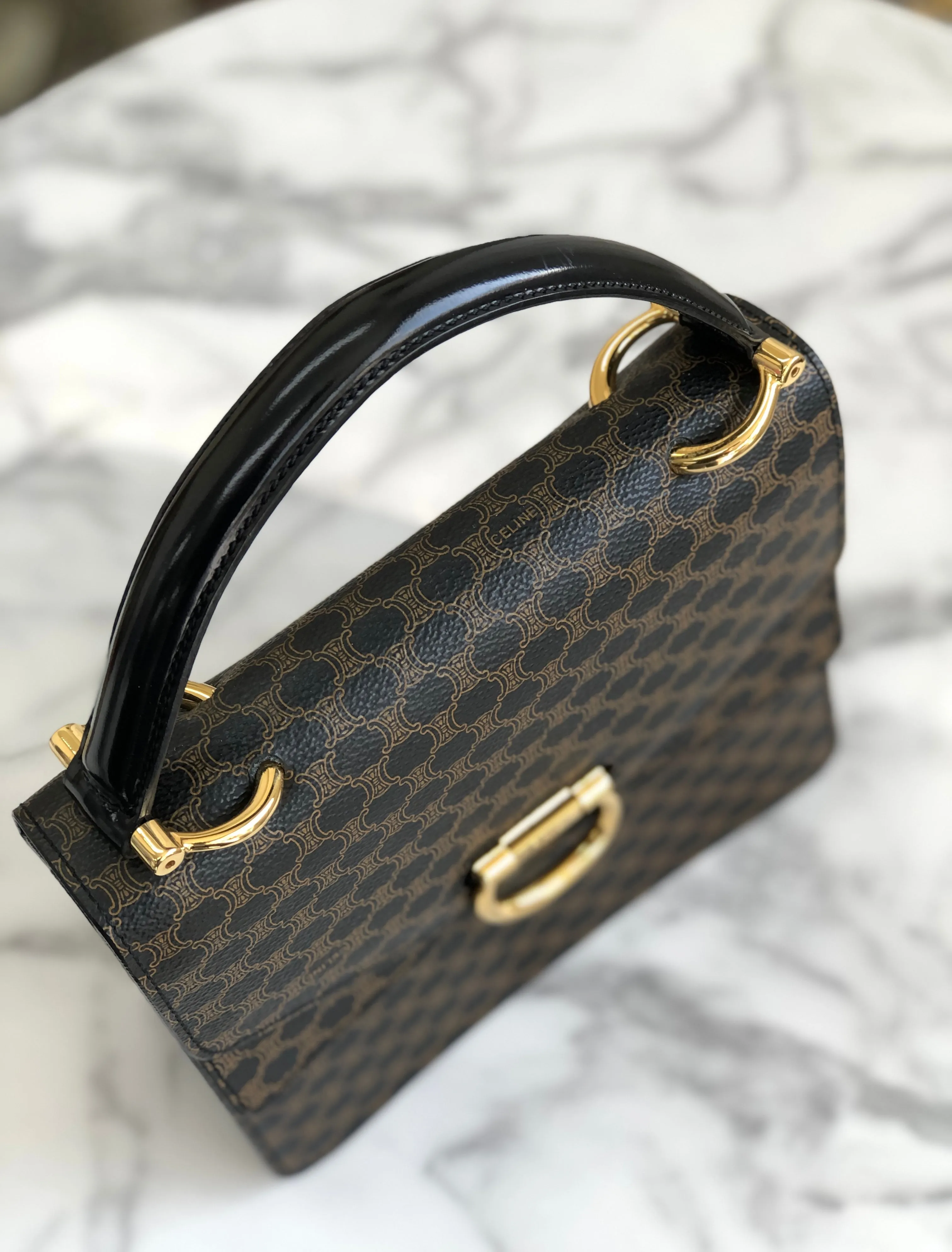 CELINE Macadam Gancini Double flap Tophandle Handbag Black Vintage Old CELINE wk3uhd