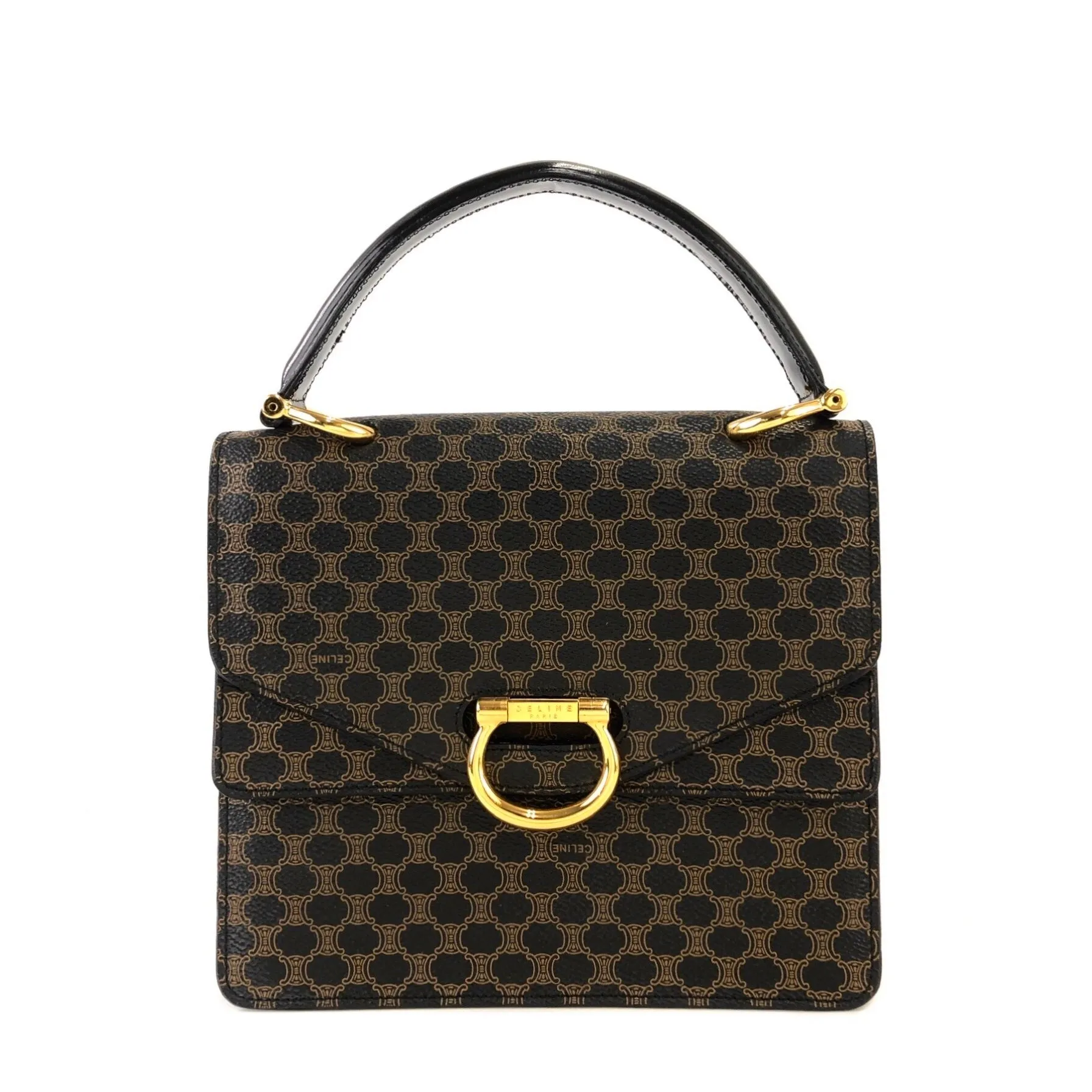 CELINE Macadam Gancini Double flap Tophandle Handbag Black Vintage Old CELINE wk3uhd