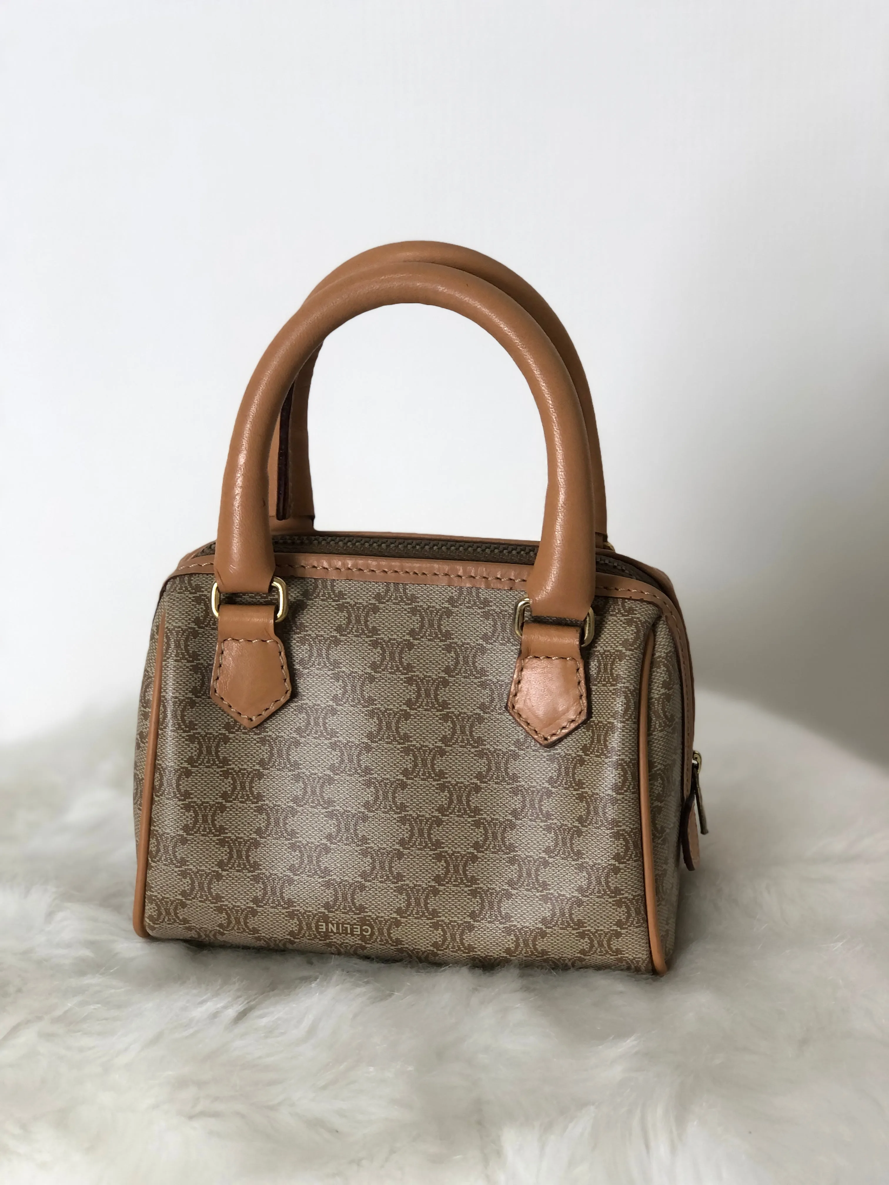 CELINE Macadam Leather Handbag Micro Bostonbag Beige Vintage kr7ig8