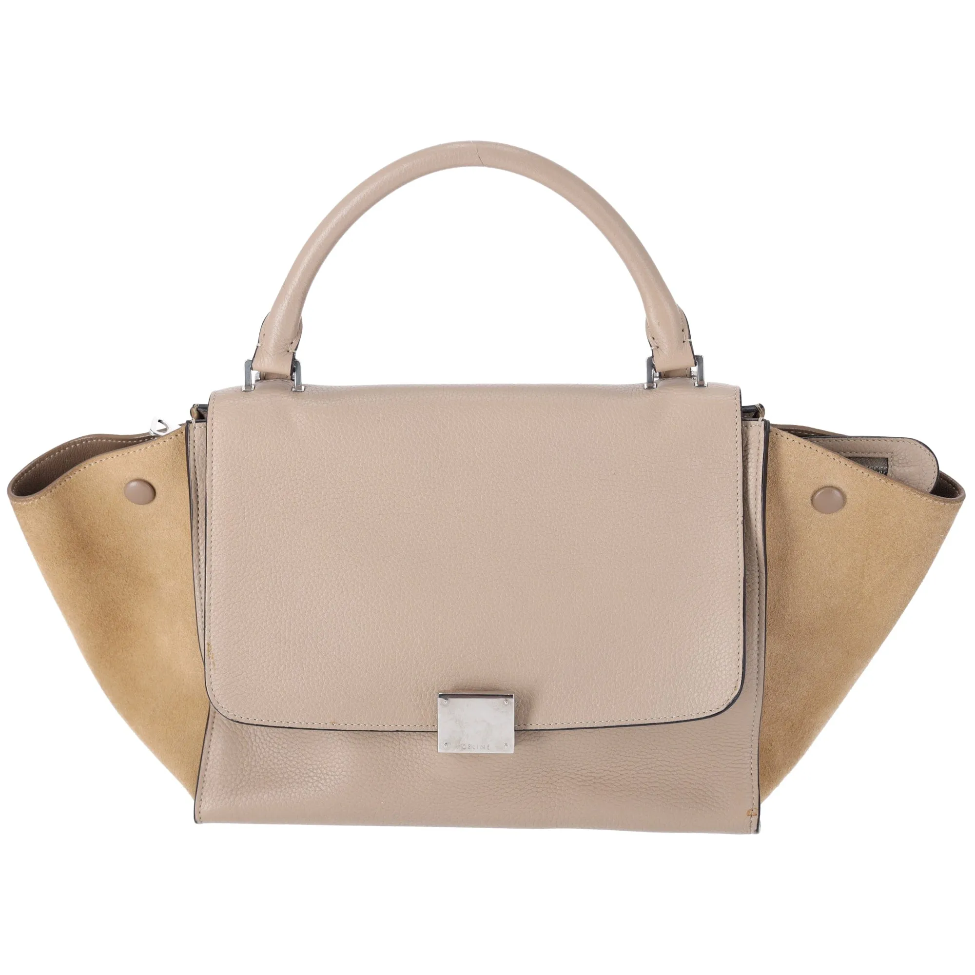Celine Trapeze Convertible Satchel Crossbody Suede Leather Beige Silver Italy