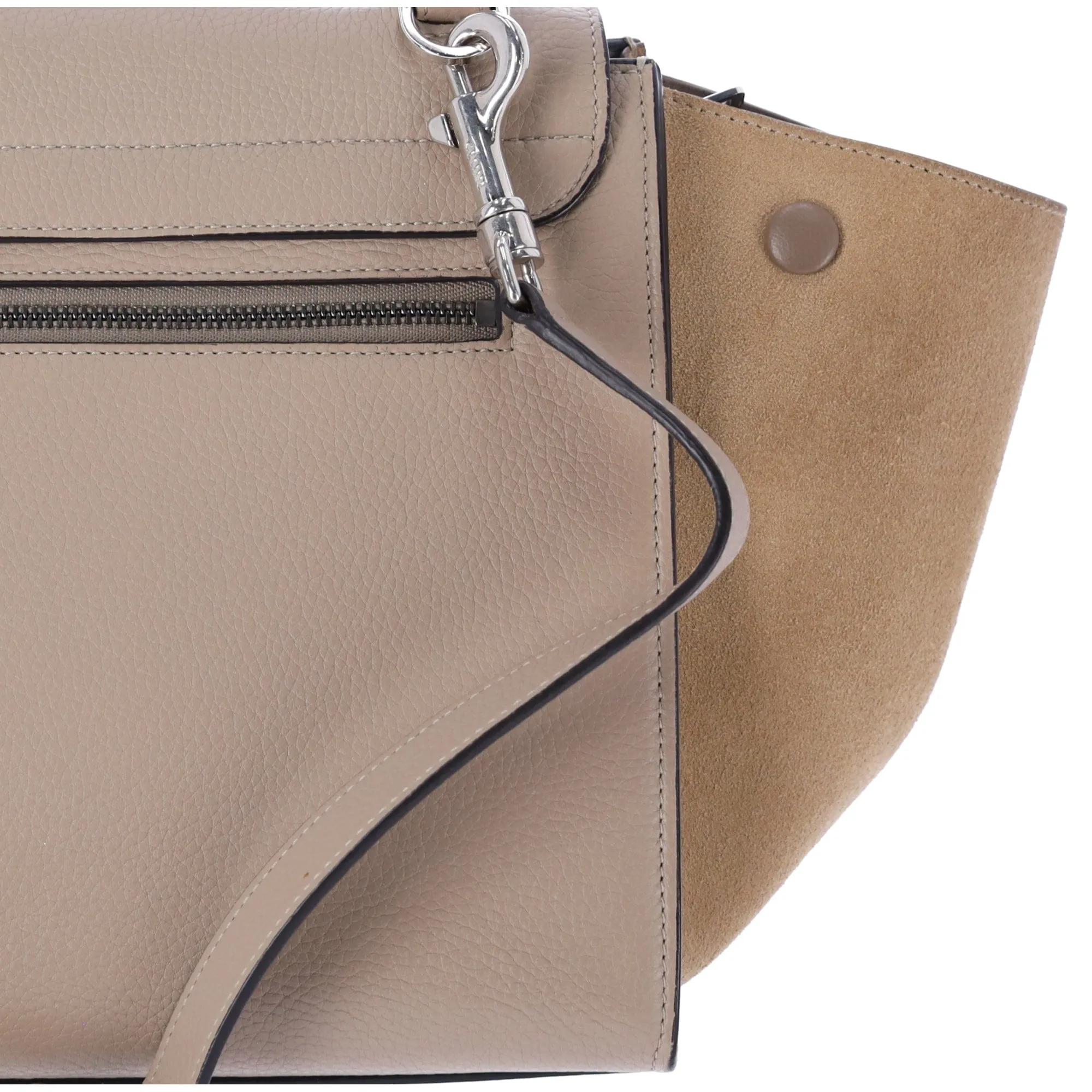 Celine Trapeze Convertible Satchel Crossbody Suede Leather Beige Silver Italy