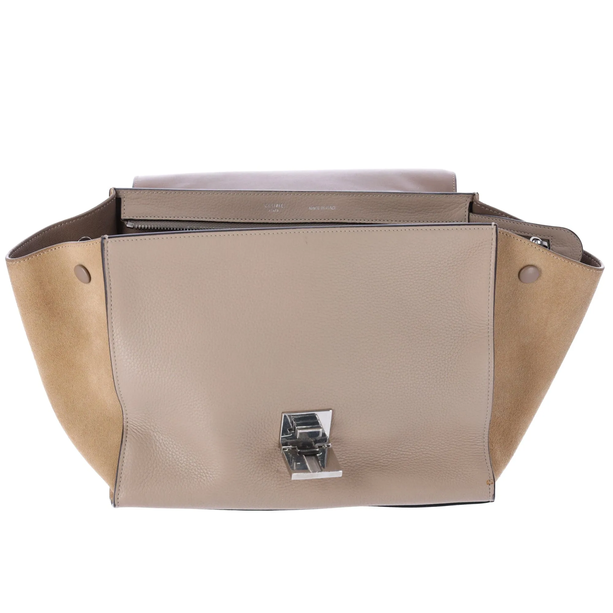 Celine Trapeze Convertible Satchel Crossbody Suede Leather Beige Silver Italy