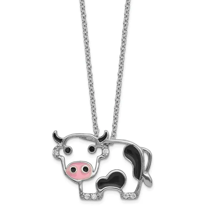 Cheryl M Sterling Silver CZ Enamel Cow Necklace