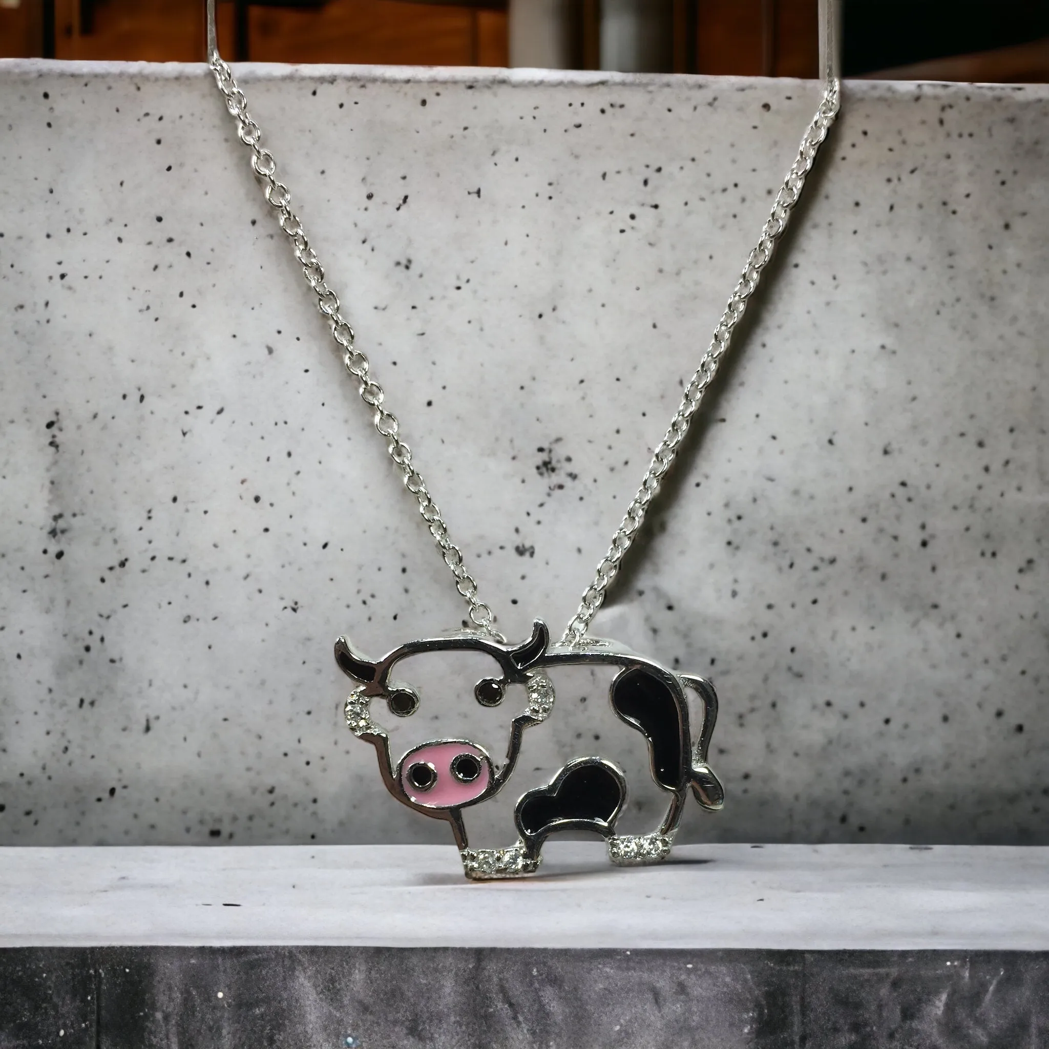 Cheryl M Sterling Silver CZ Enamel Cow Necklace