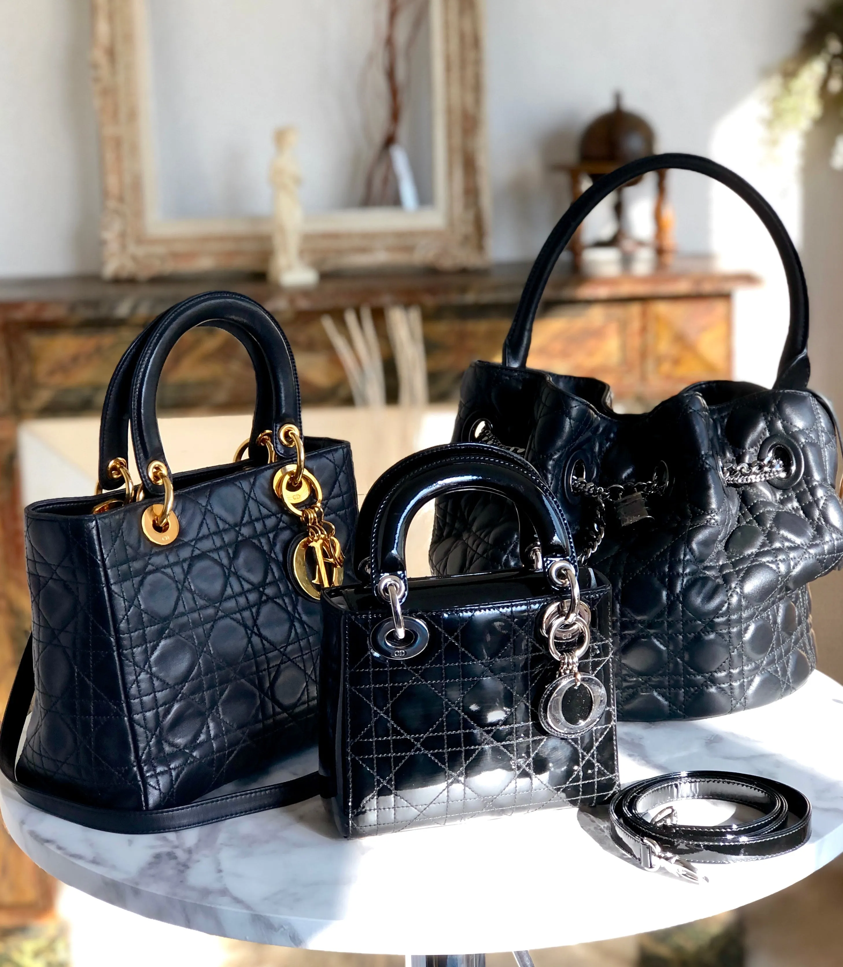 Christian Dior Cannage Lady dior Patent leather Handbag Shoulder bag Black e3i7xj