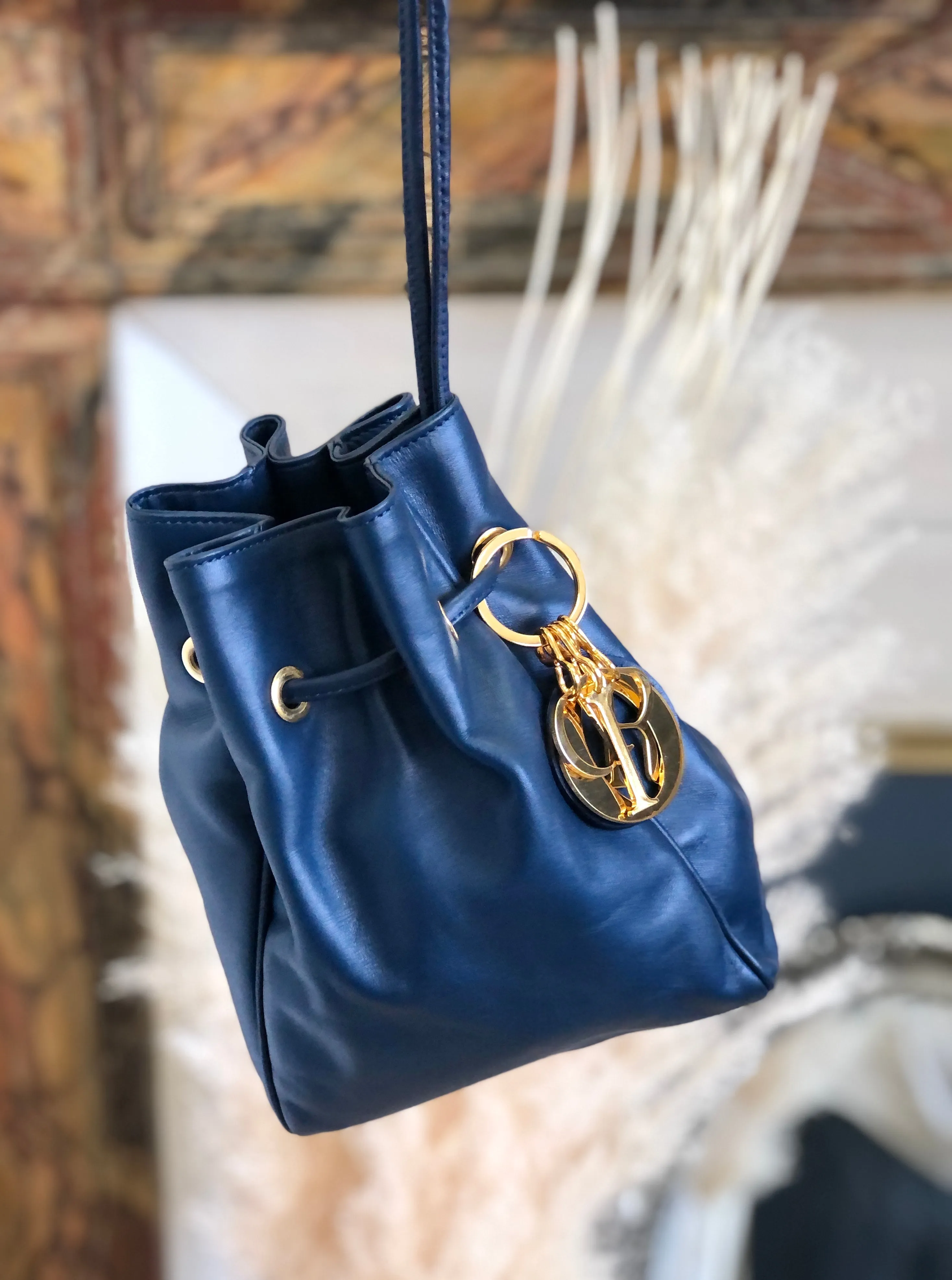 Christian Dior Drawstring Charm Mini Handbag Navy Vintage Old yruy88