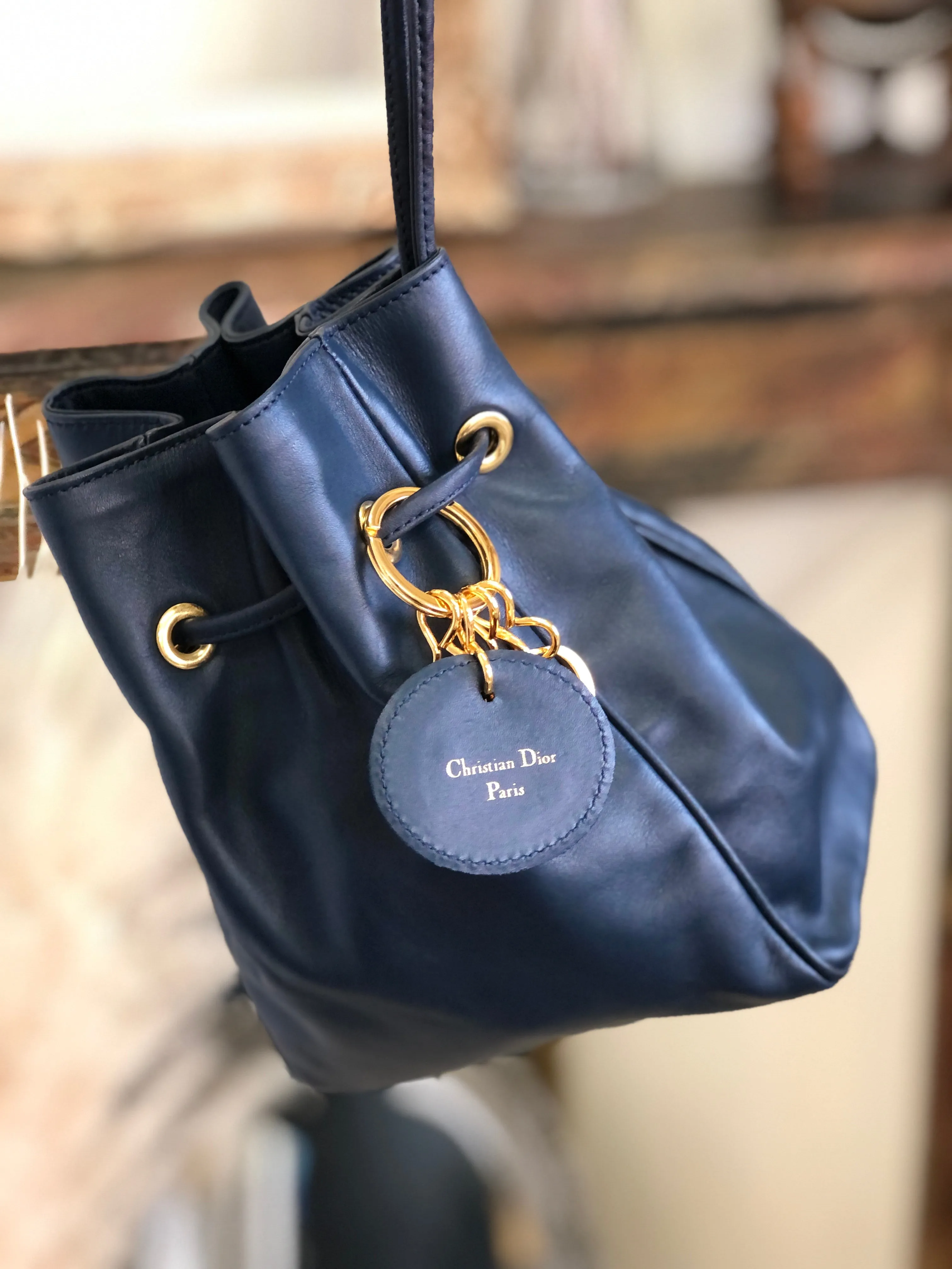 Christian Dior Drawstring Charm Mini Handbag Navy Vintage Old yruy88