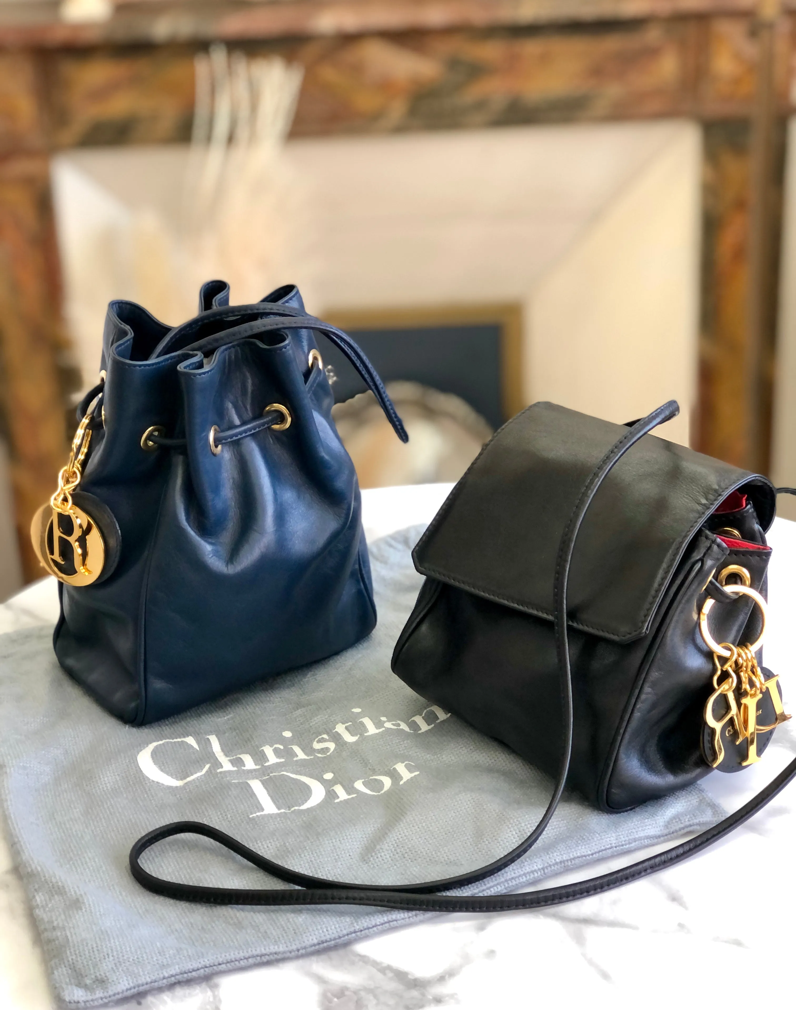 Christian Dior Drawstring Charm Mini Handbag Navy Vintage Old yruy88