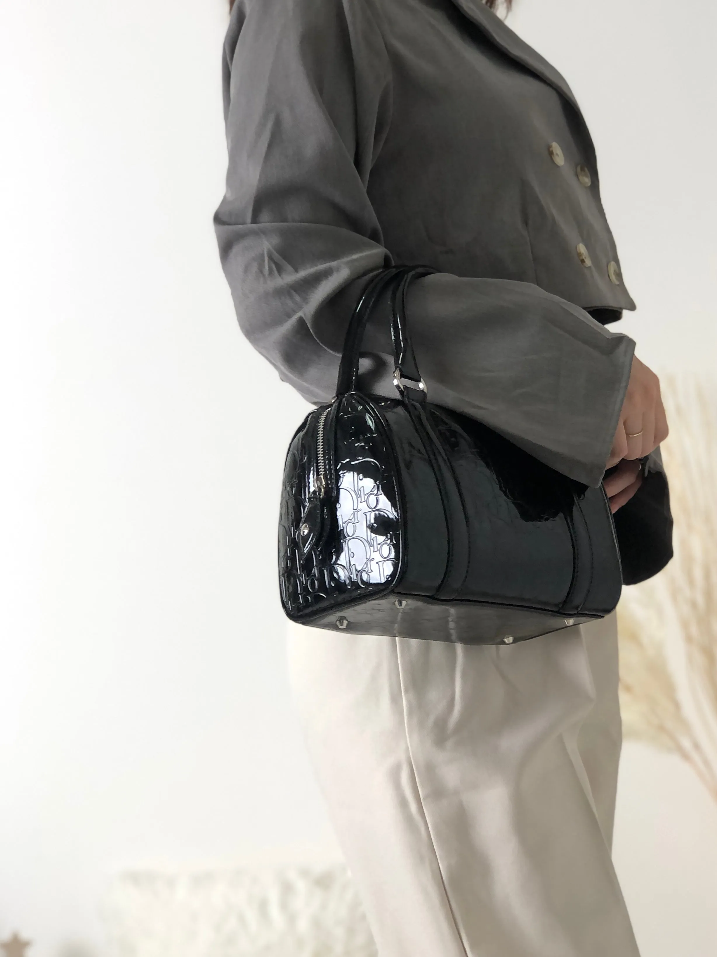 Christian Dior Trotter Patent Leather Handbag Boston bag Black Vintage ckzjdp