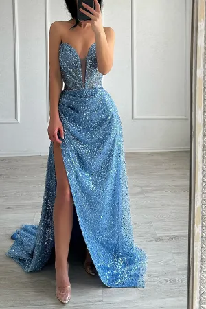 Classic A-line V-neck Sleeveless Split Front Sequined Blue Prom Dress