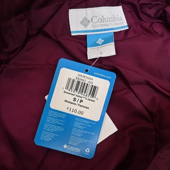 Columbia Womens S Snowmelt Valley II Water Resistant Jacket in Marionberry NEW