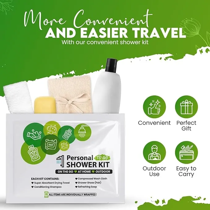 Compact Personal Shower Kit To-Go (Green) – Your Hygiene Companion for Travel, Gym, Camping | Shower on the Go | Shampoo, Soap, Towel. All in One (100)