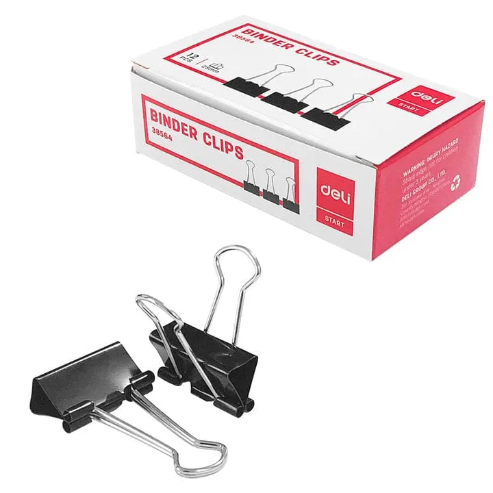 Deli Foldback Binder Clips  19mm (12pc) In Box Black