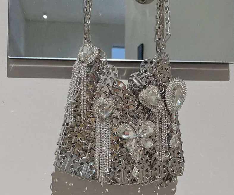Designer Silver Metal Sequins Diamond Woven Bag