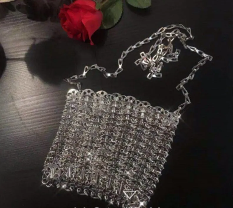 Designer Silver Metal Sequins Diamond Woven Bag