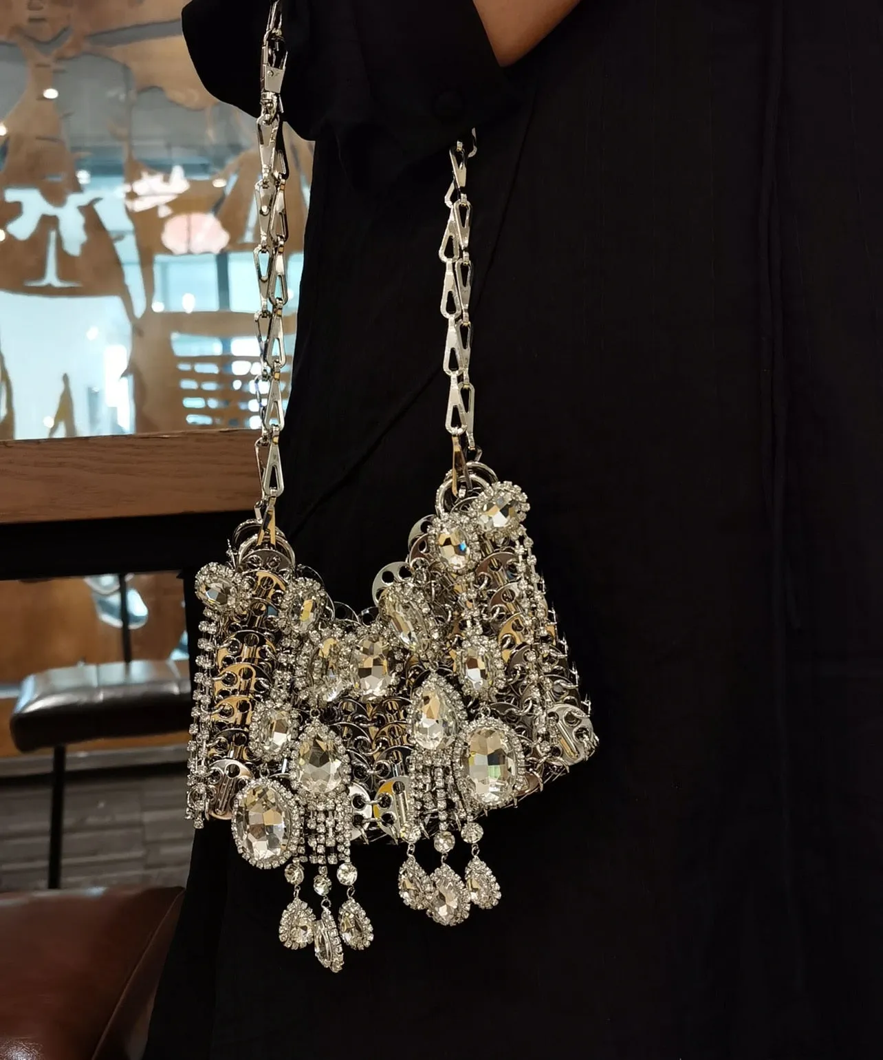 Designer Silver Metal Sequins Diamond Woven Bag
