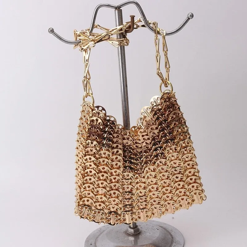 Designer Silver Metal Sequins Diamond Woven Bag