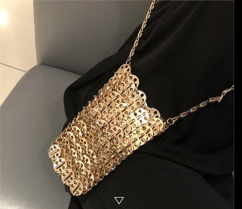Designer Silver Metal Sequins Diamond Woven Bag