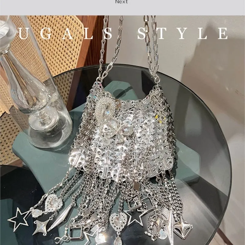 Designer Silver Metal Sequins Diamond Woven Bag