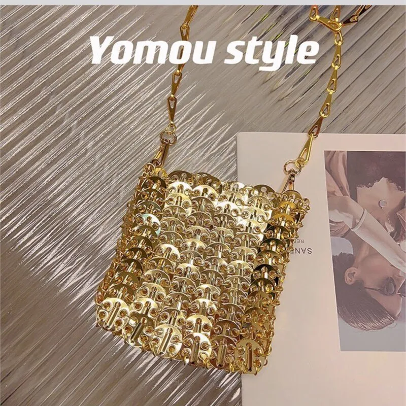 Designer Silver Metal Sequins Diamond Woven Bag