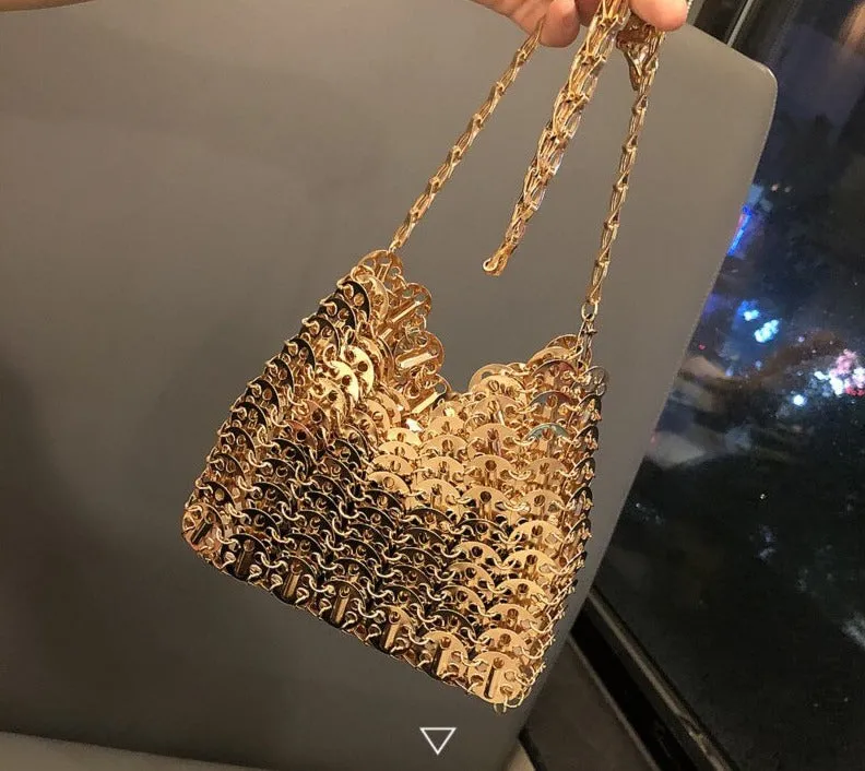 Designer Silver Metal Sequins Diamond Woven Bag