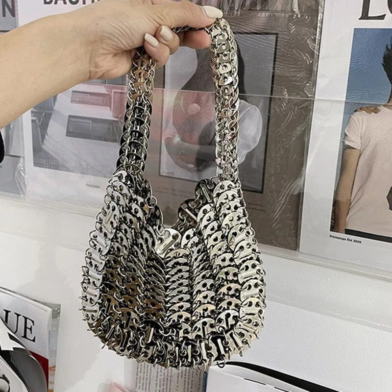 Designer Silver Metal Sequins Diamond Woven Bag