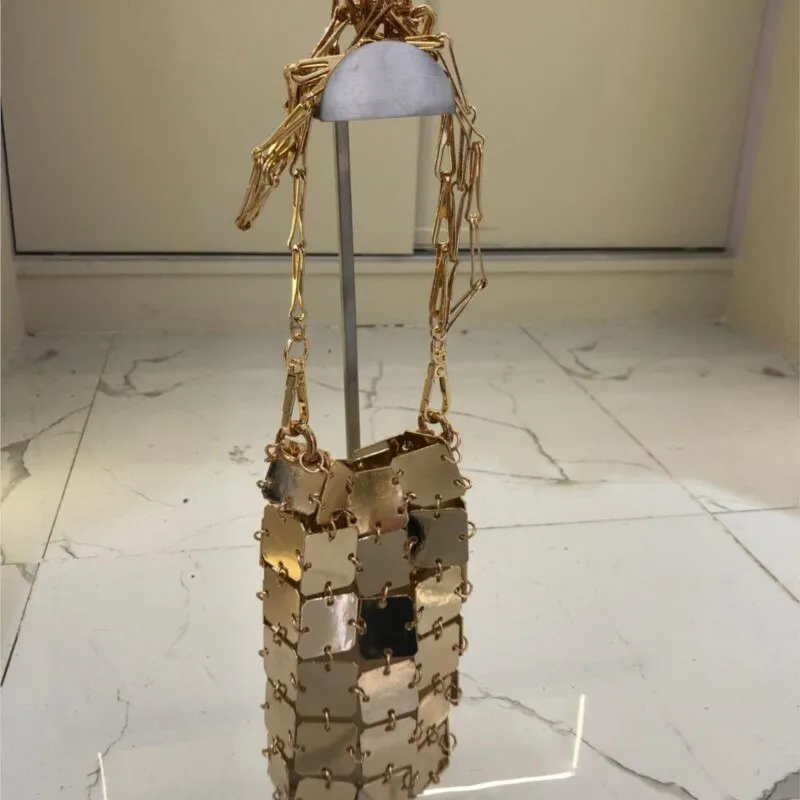 Designer Silver Metal Sequins Diamond Woven Bag