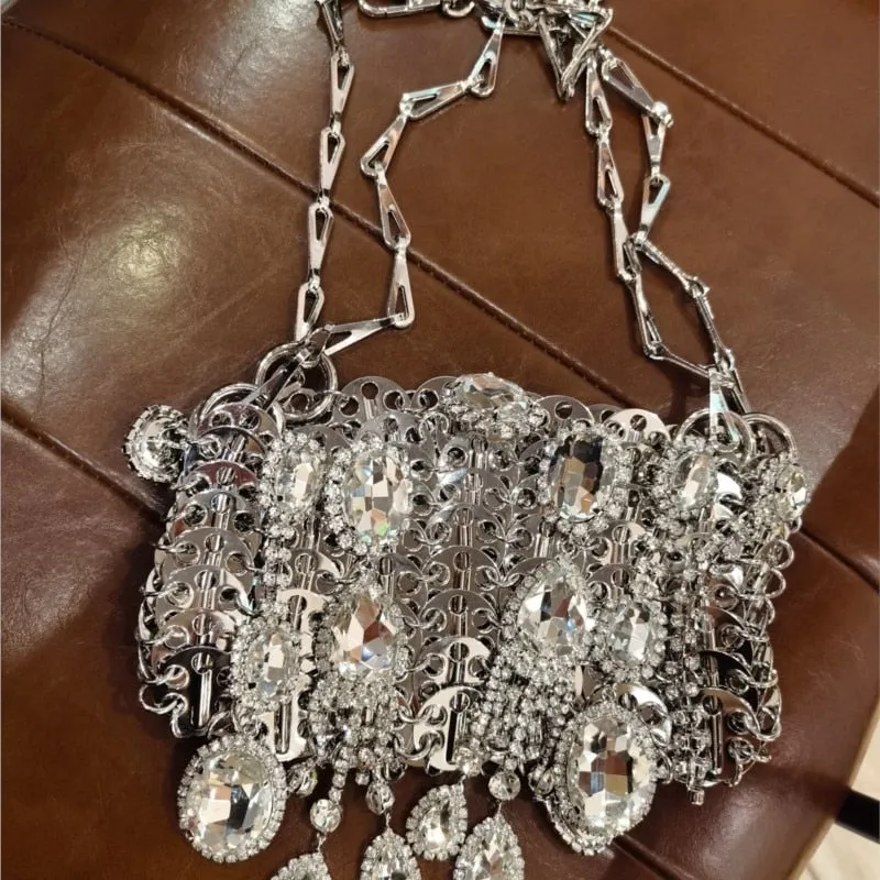 Designer Silver Metal Sequins Diamond Woven Bag