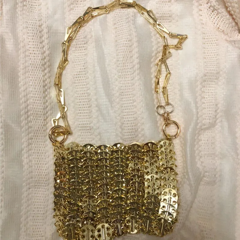 Designer Silver Metal Sequins Diamond Woven Bag