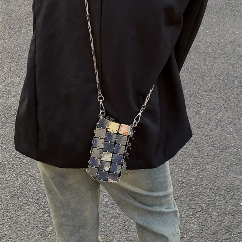 Designer Silver Metal Sequins Diamond Woven Bag