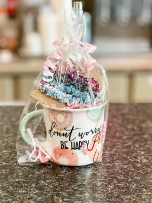 Donut Worry Be Happy Coffee Mug   Hair Tie Gift Set
