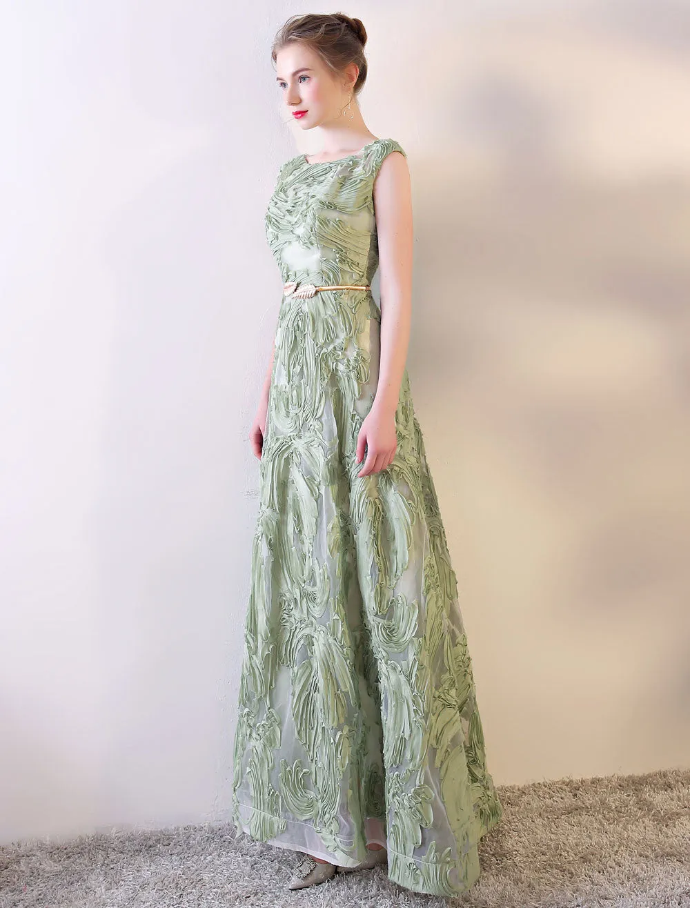 Eleagnt Evening Dresses Long Dusty Sage Embossment Fabric Texture Sleeveless A Line Floor Length With Sash Wedding Guest Dress