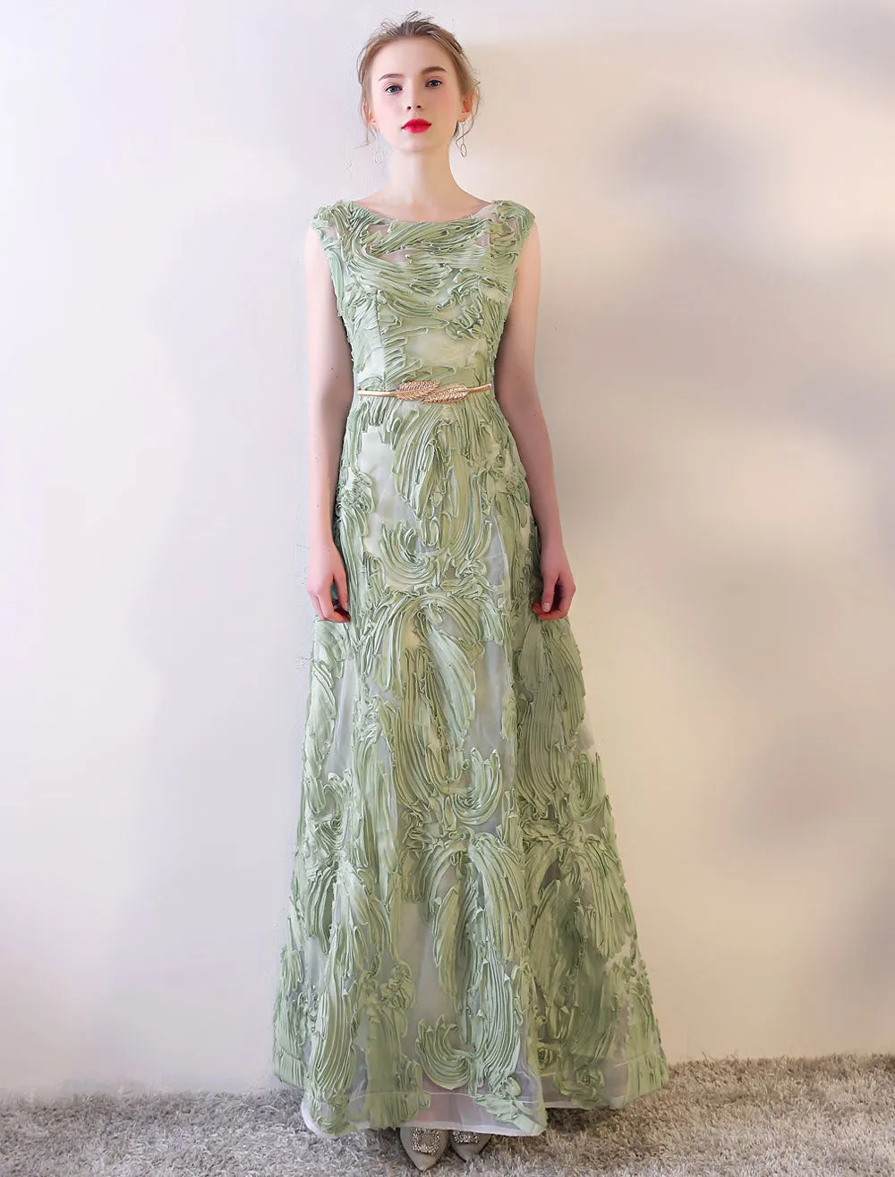 Eleagnt Evening Dresses Long Dusty Sage Embossment Fabric Texture Sleeveless A Line Floor Length With Sash Wedding Guest Dress