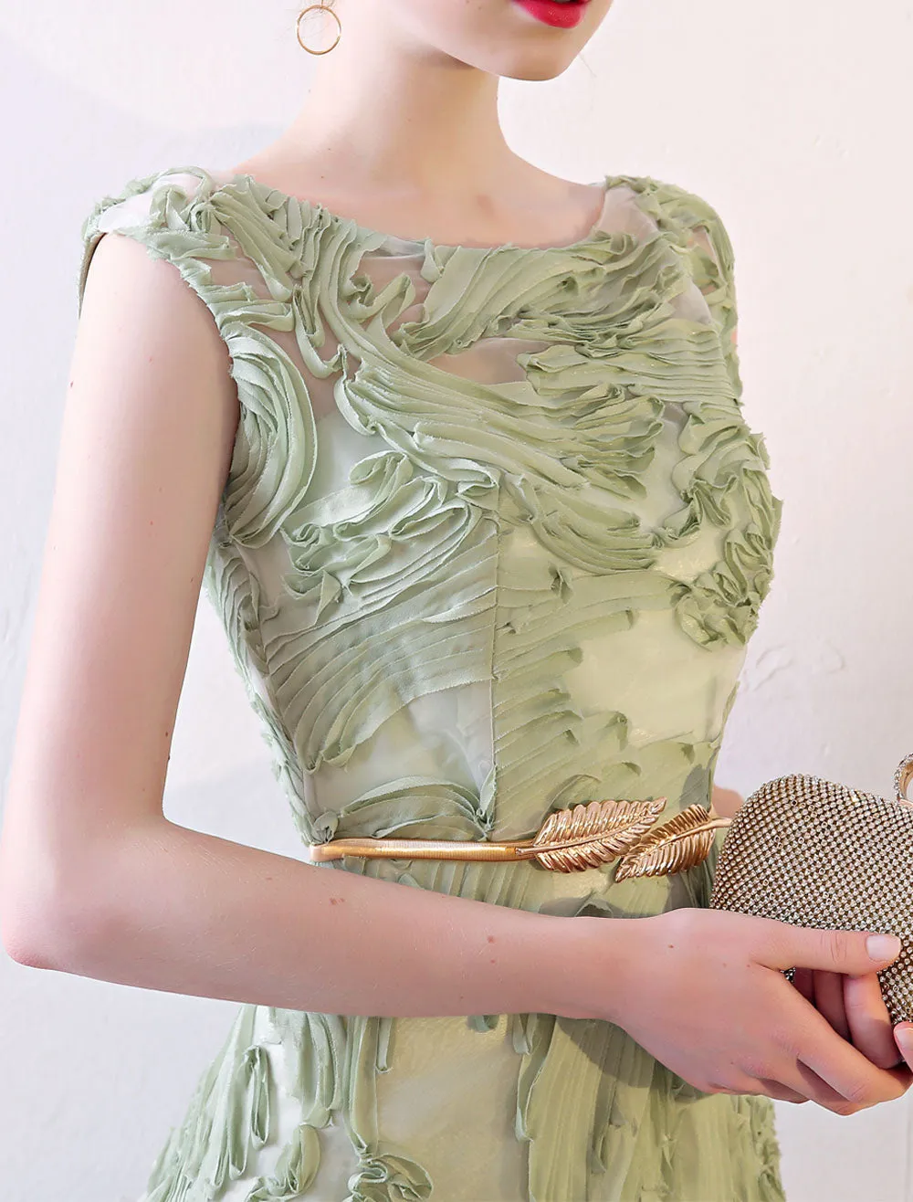 Eleagnt Evening Dresses Long Dusty Sage Embossment Fabric Texture Sleeveless A Line Floor Length With Sash Wedding Guest Dress