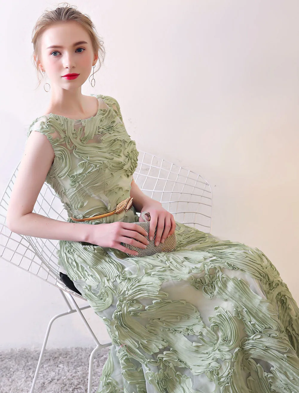 Eleagnt Evening Dresses Long Dusty Sage Embossment Fabric Texture Sleeveless A Line Floor Length With Sash Wedding Guest Dress