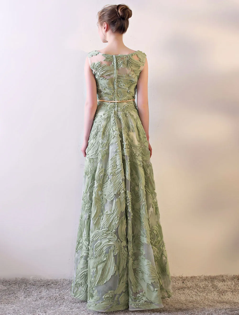 Eleagnt Evening Dresses Long Dusty Sage Embossment Fabric Texture Sleeveless A Line Floor Length With Sash Wedding Guest Dress