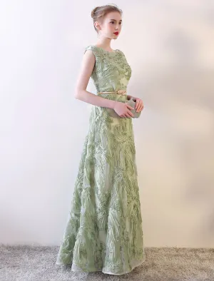 Eleagnt Evening Dresses Long Dusty Sage Embossment Fabric Texture Sleeveless A Line Floor Length With Sash Wedding Guest Dress