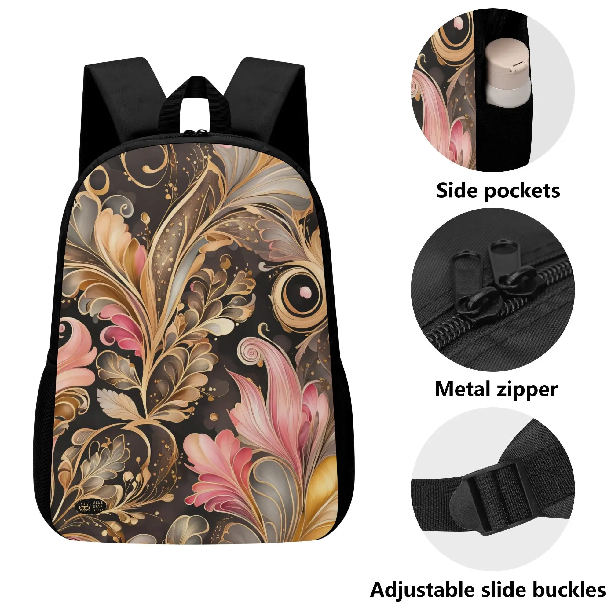Elegant Pink Floral Feather 17 Inch Laptop Backpack