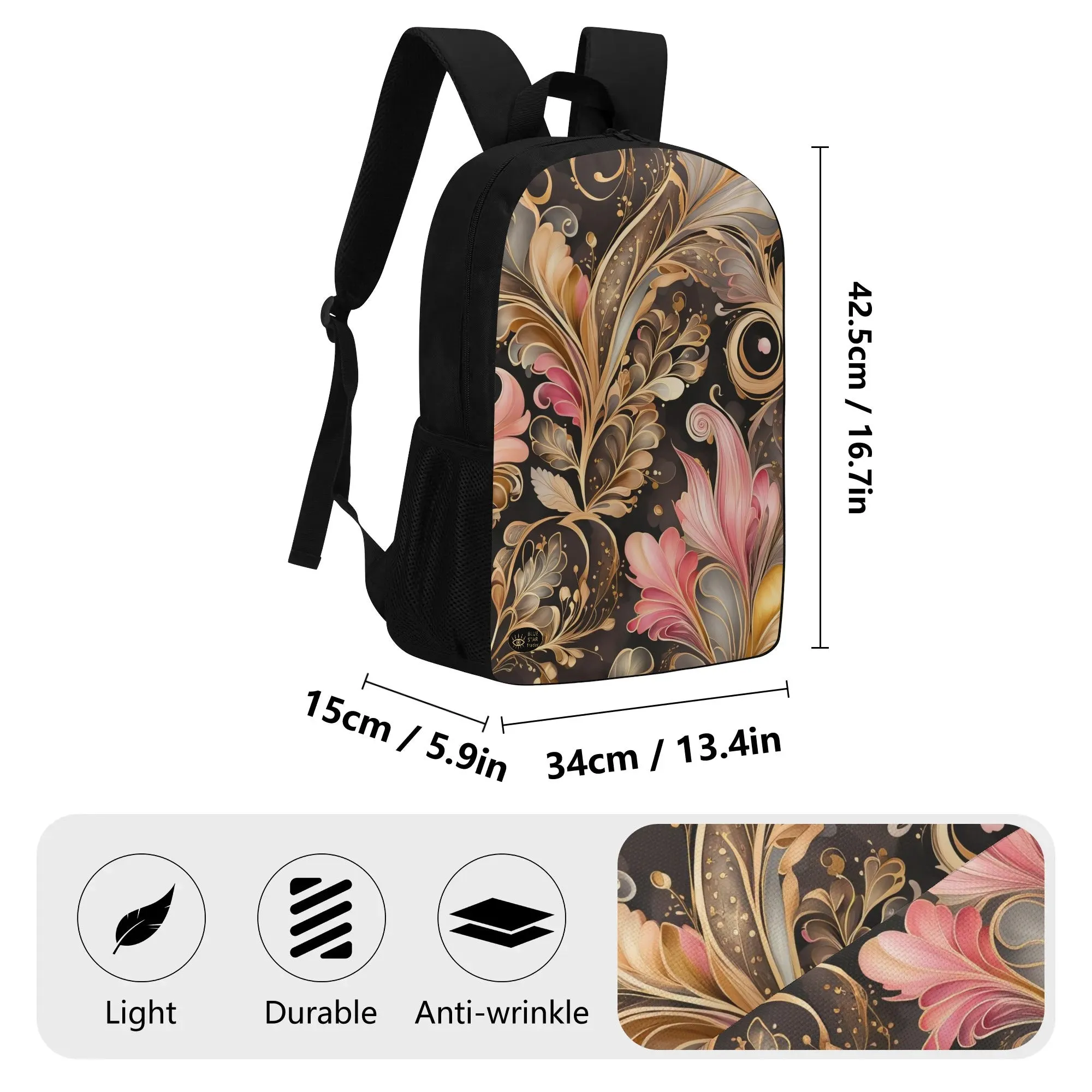 Elegant Pink Floral Feather 17 Inch Laptop Backpack